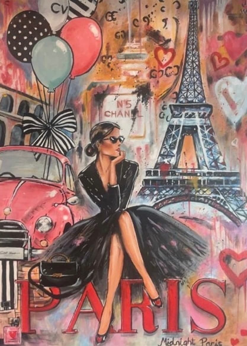 Midnight Paris painting: a woman in a black dress beneath balloons, a pink car and the Eiffel Tower