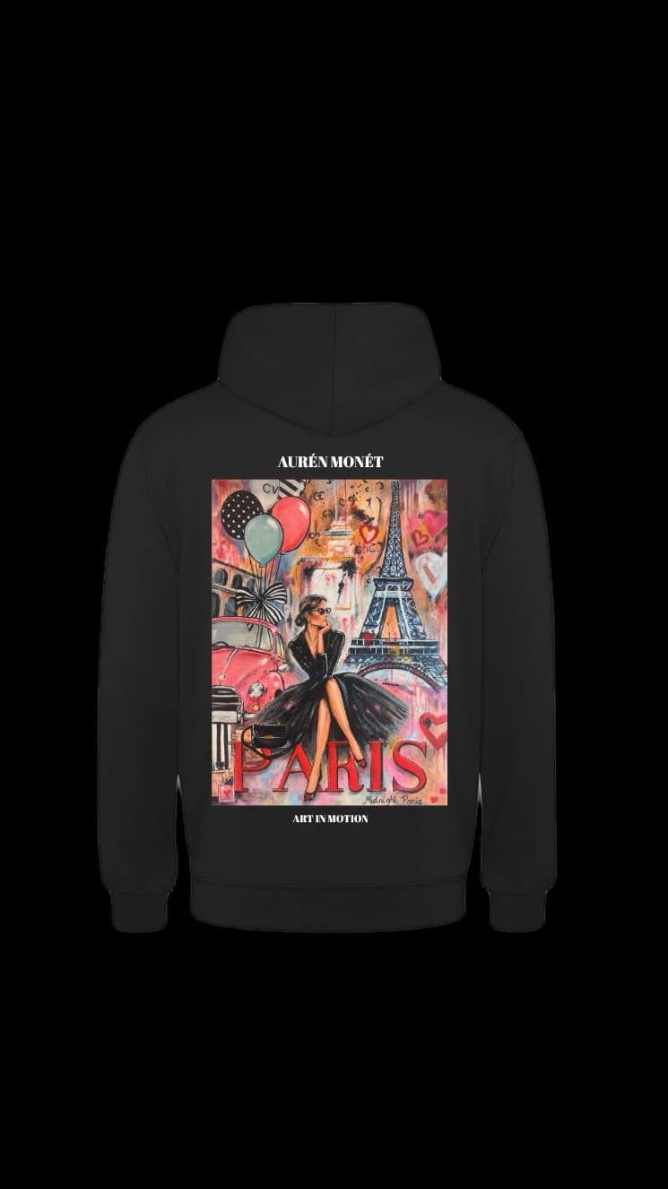Midnight Paris hoodie — black, back print